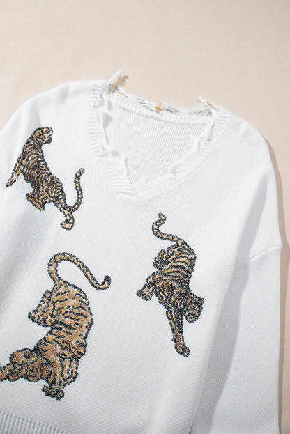 White Frayed Sequin Tiger Sweater