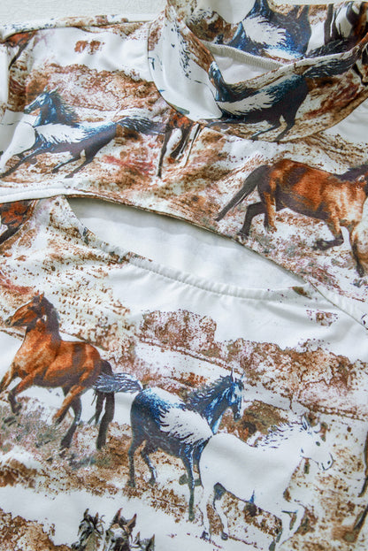 Brown Western Wild Horses Print Hollow-out High Neck Top