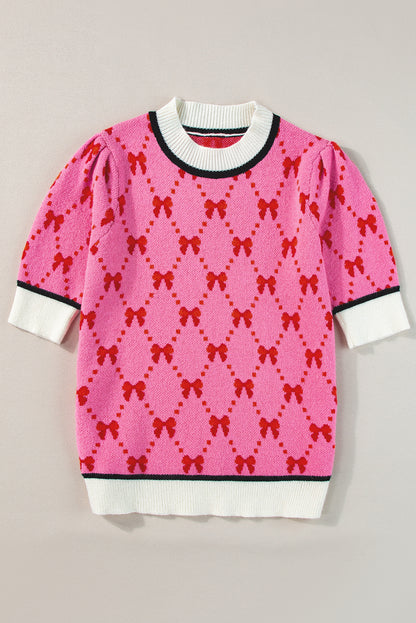 Pink Bow Print Short Sleeve Sweater top