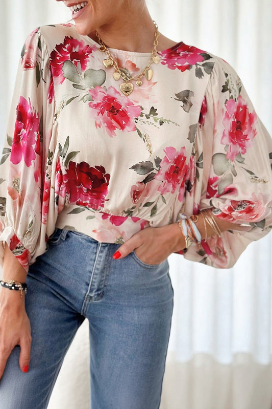 Roze bloemen 3/4 mouw veter-up achterblouse