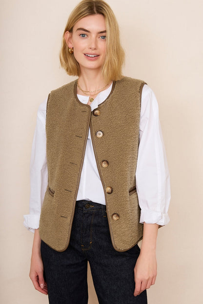 Camel Leather Contrast Side Pockets Buttoned Fleece Vest