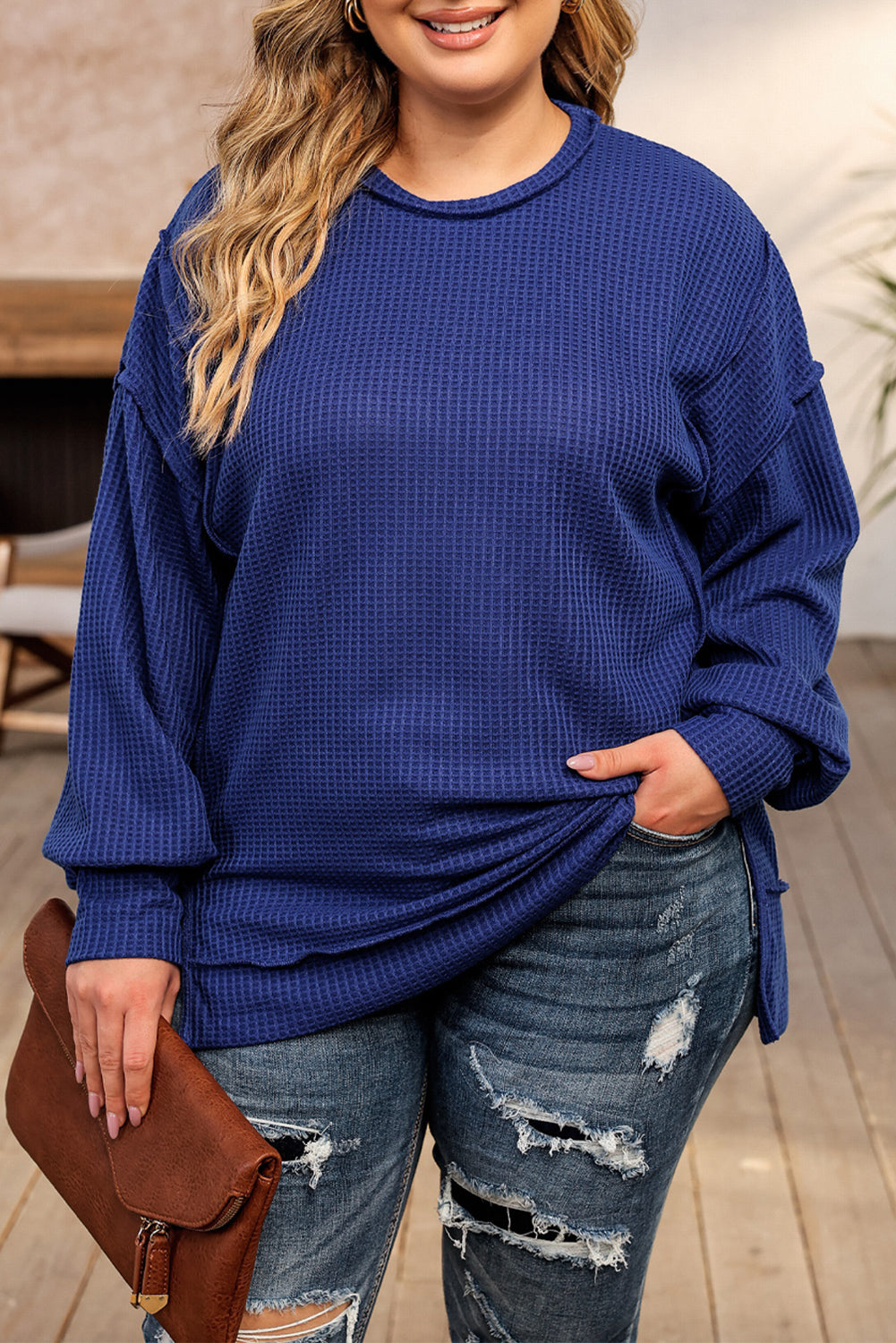 Blauw Grote maten wafelgebreide oversized top met zichtbare naden